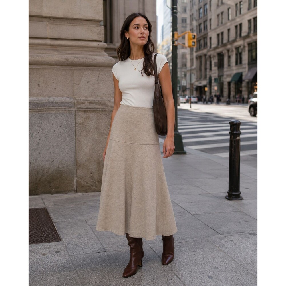 OGL FuzzLuxe Soft Cozy Pull On Flare Midi Skirt Heather Morganite Size Small